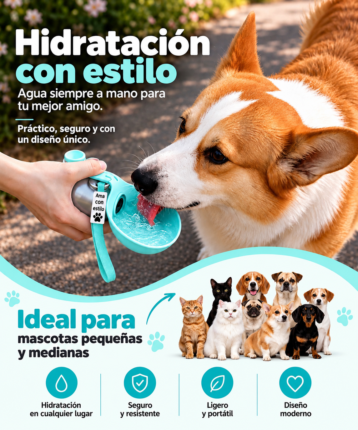 Botella de Agua 2 en 1 para perros - Bebedero Portátil